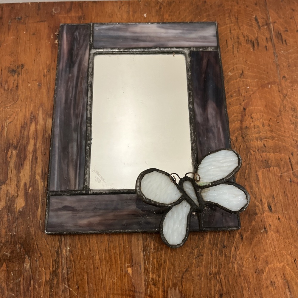 Purple Stained Glass Iridescent Framed Butterfly Mirror Small 7x5" Vtg Signed